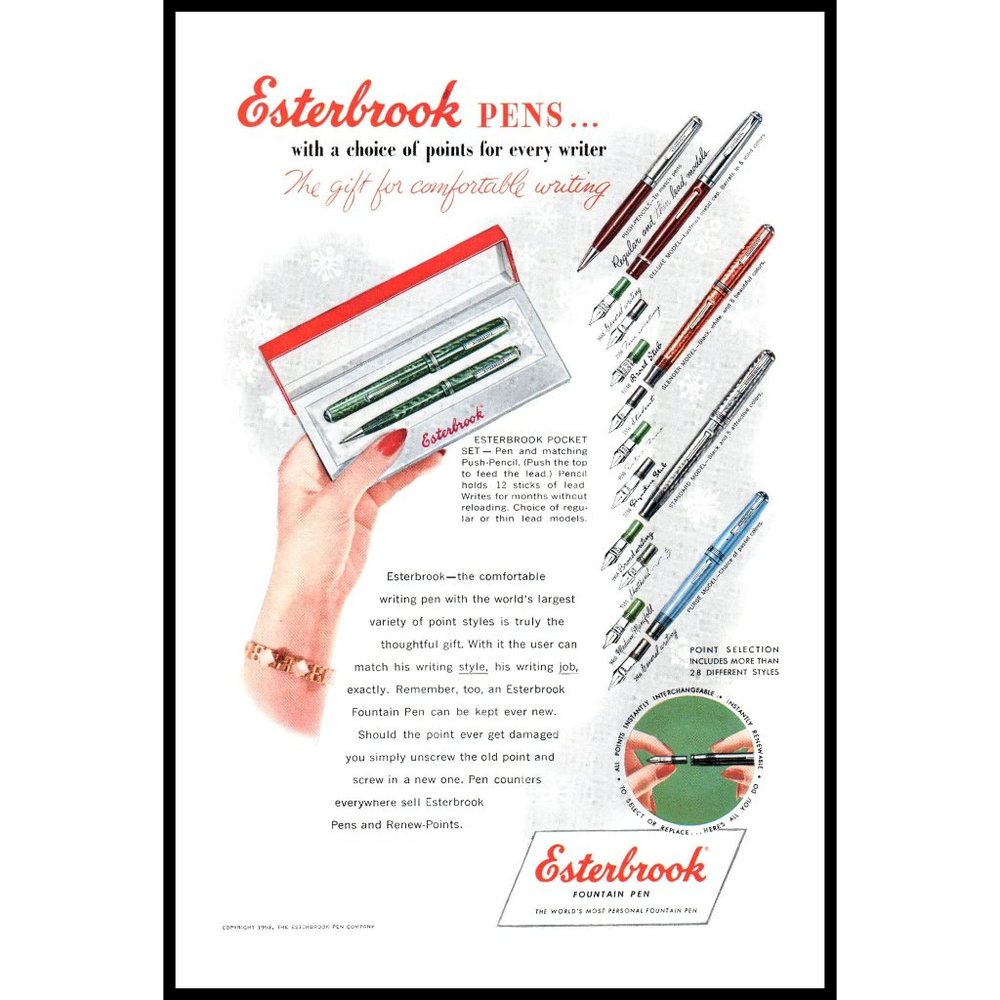 1953 Esterbrook Fountain Pen Vintage Print Ad Woman's Hand Red Nail Polish Art